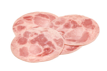 Boiled Ham Slices, close-up, isolated on a white background