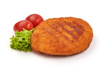 Fried Chicken Cordon bleu in breadcrumbs, isolated on white background