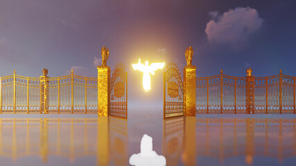 Golden gates of heaven opening to reaveal glowing angel and flying white doves