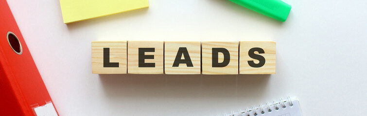 Wooden cubes with word LEADS on the office desk.