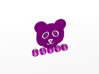 3D representation of PANDA with icon on the wall and text arranged by metallic cubic letters on a mirror floor for concept meaning and slideshow presentation. illustration and bear © Ali