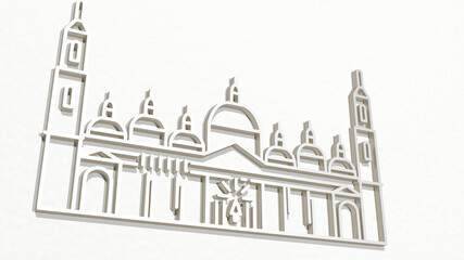 mosque Islamic architecture made by 3D illustration of a shiny metallic sculpture on a wall with light background. building and arabic