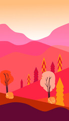 Autumn landscape with trees and leaves in orange shades, vector graphics