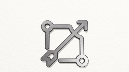 ARCHERY BOW made by 3D illustration of a shiny metallic sculpture on a wall with light background. arrow and icon