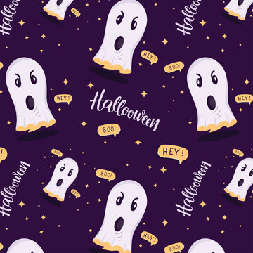 Halloween ghost - seamless pattern with handwritten sign. Vector stock illustartion for print industry, packaging gift, decoration party for Halloween celebration. EPS10