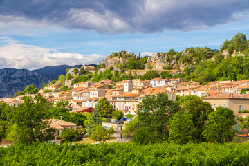 Aiguines village next to Verdon Gorge (Gorges du Verdon) in the Provence-Alpes-Côte d'Azur region...