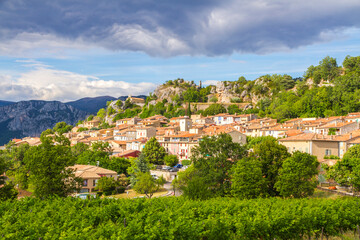 Fototapeta na wymiar Aiguines village next to Verdon Gorge (Gorges du Verdon) in the Provence-Alpes-Côte d'Azur region in southeastern France.