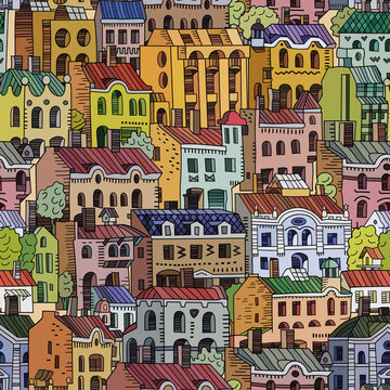 Vector hand drawn houses seamless pattern.