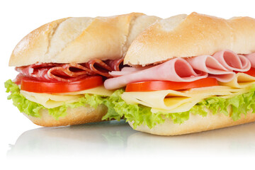 Sandwiches with salami ham and cheese isolated on white