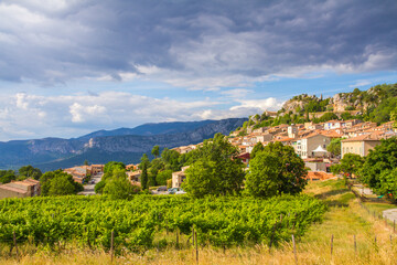 Aiguines village next to Verdon Gorge (Gorges du Verdon) in the Provence-Alpes-Côte d'Azur region in southeastern France.