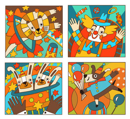 Fototapeta premium Four decorative illustrations about the circus: a juggler clown, a lion jumping through a Hoop, a trained bear, a trick with rabbits in a hat