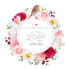Elegant floral vector round card with white and burgundy red peony, rose, orchid, carnation flowers, mixed leaves and plants and cute small robin bird