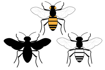 Set of drawn bees Template for background, banner, card, poster. Vector EPS10 illustration.