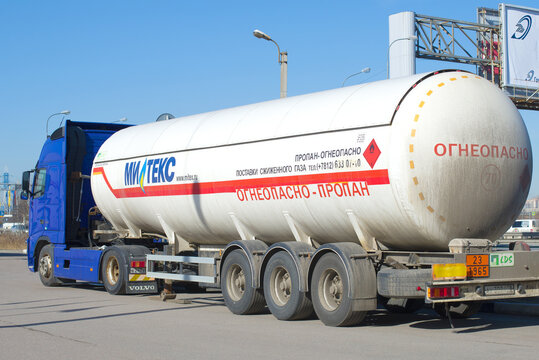 ST. PETERSBURG, RUSSIA - APRIL 12, 2018: The tank for transportation of the liquefied gas close up