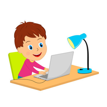 Little cartoon boy using computer,illustration,vector