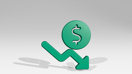 CURRENCY DOLLAR DECREASE from a perspective with the shadow. A thick sculpture made of metallic materials of 3D rendering. business and illustration