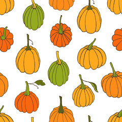 Hand drawn vector seamless pattern with pumpkins on white background. Design element for fabric, textile, wrapping paper, food package. Autumn collection.
