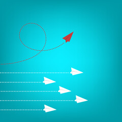 Think different. Think differently concept. Red airplane changing direction. New idea, change, trend, courage, creative solution, innovation and unique way concept.	
