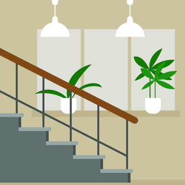 Stairs, Windowsill With Plants And Lighting