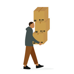 Male character carries three large cardboard boxes on a white background