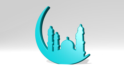 ARABIC MOSQUE from a perspective with the shadow. A thick sculpture made of metallic materials of 3D rendering. background and illustration