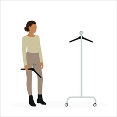 Female character with a hanger in hand and a floor hanger for clothes on a white background
