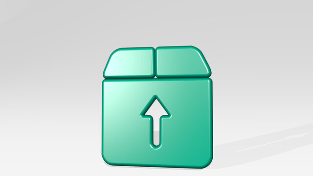 DOWNLOAD BOX stand with shadow. 3D illustration of metallic sculpture over a white background with mild texture. icon and design