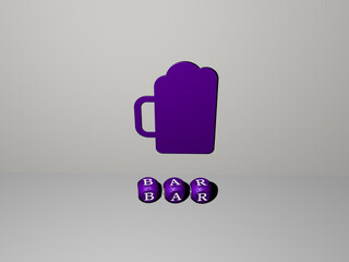3D graphical image of bar vertically along with text built by metallic cubic letters from the top perspective, excellent for the concept presentation and slideshows. background and illustration