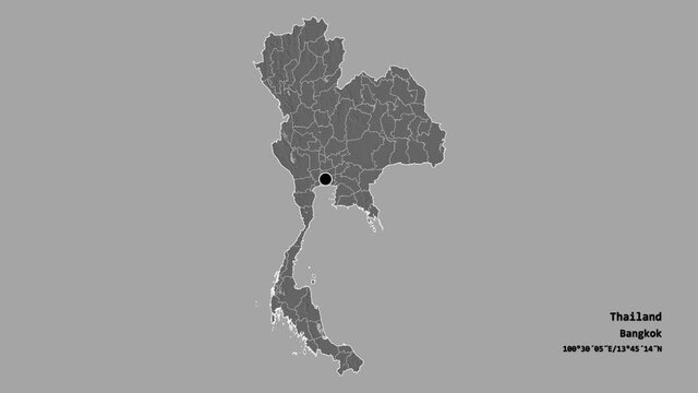 Phuket, province of Thailand, with its capital, localized, outlined and zoomed with informative overlays on a bilevel map in the Stereographic projection. Animation 3D