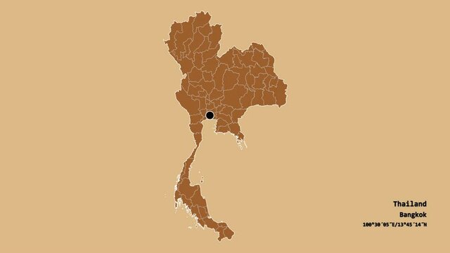 Phuket, province of Thailand, with its capital, localized, outlined and zoomed with informative overlays on a solid patterned map in the Stereographic projection. Animation 3D