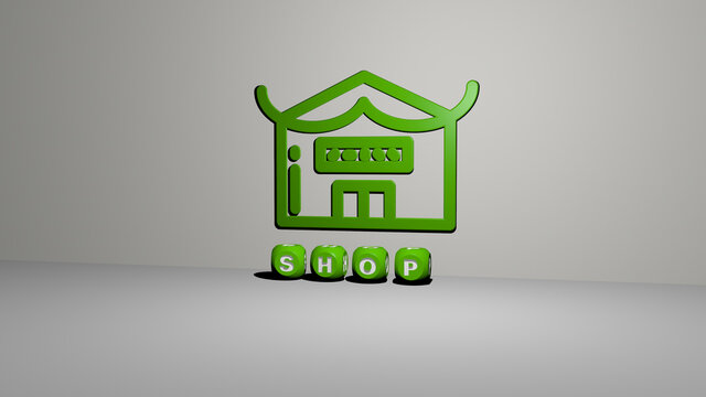 3D illustration of SHOP graphics and text made by metallic dice letters for the related meanings of the concept and presentations. background and business