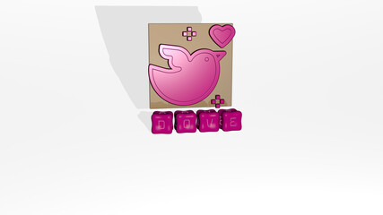 3D graphical image of dove vertically along with text built by metallic cubic letters from the top perspective, excellent for the concept presentation and slideshows. bird and illustration