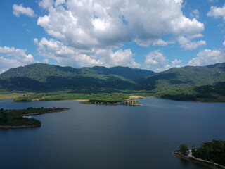 Dramatic and beautiful aerial view Lake of Beris or "Tasik Beris" during morning at Sik, Kedah, Malaysia;