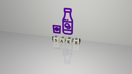 3D illustration of sake graphics and text made by metallic dice letters for the related meanings of the concept and presentations. japanese and japan