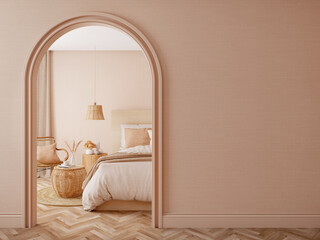 Fototapeta Bedroom interior.Beige tones design with arch wall.3d rendering obraz