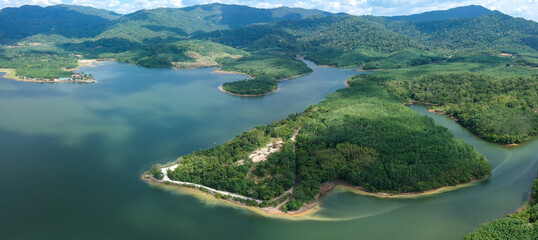 Dramatic and beautiful aerial view Lake of Beris or "Tasik Beris" during morning at Sik, Kedah, Malaysia;