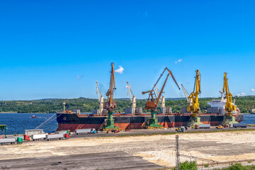 Fototapeta premium Trucks with grain waiting for unloading near the ship. Work in port