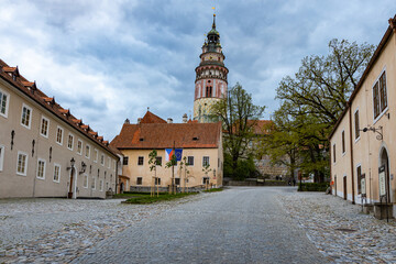 český krumlov, Czech republic. Castle tower from the  patio of State Castle, the most famous symbol of Cesky Krumlov, South Bohemia