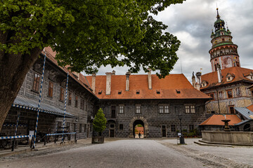 český krumlov, Czech republic. Castle tower from the  patio of State Castle, the most famous symbol of Cesky Krumlov, South Bohemia