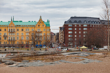 Helsinki embankment in Merisatama distrinct. City waterfront.