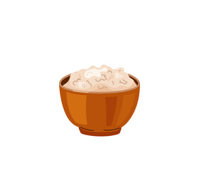 Brown rice in a bowl in bright color cartoon flat style isolated on white background. Healthy food vector illustration. Organic meal concept