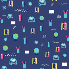 Back to school - seamless pattern background globe books, pens pencils on white background. for wallpaper, pattern fills, textile, web page background, surface textures. Vector illustration.
