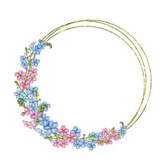 Forget-me-not wreath from blue and pink flowers watercolor illustration. Hand drawn myosotis meadow herb botanical wreath. Tender spring romantic blooming flowers with buds  on white background