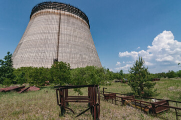 Cooling stack of Reactors building in Pripyat, Chernobyl exclusion Zone. Chernobyl Nuclear Power...