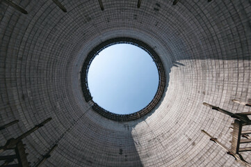Cooling stack of Reactors building in Pripyat, Chernobyl exclusion Zone. Chernobyl Nuclear Power Plant Zone of Alienation in Ukraine