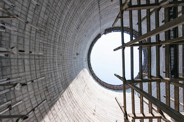 Cooling stack of Reactors building in Pripyat, Chernobyl exclusion Zone. Chernobyl Nuclear Power...