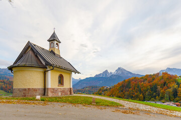 Chapel Kirchleitn at Lockstein with Mountain Watzmann in background in Berchtesgaden