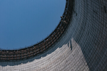 Cooling stack of Reactors building in Pripyat, Chernobyl exclusion Zone. Chernobyl Nuclear Power Plant Zone of Alienation in Ukraine
