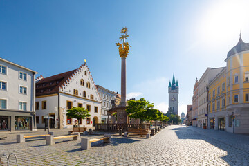 Downtown City Sraubing, Bavaria with clock tower