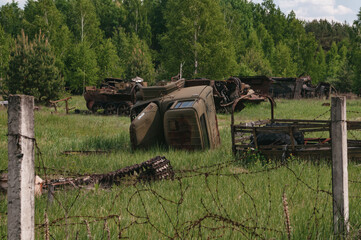 Vehicles Rosocha in Pripyat, Chernobyl exclusion Zone. Chernobyl Nuclear Power Plant Zone of Alienation in Ukraine